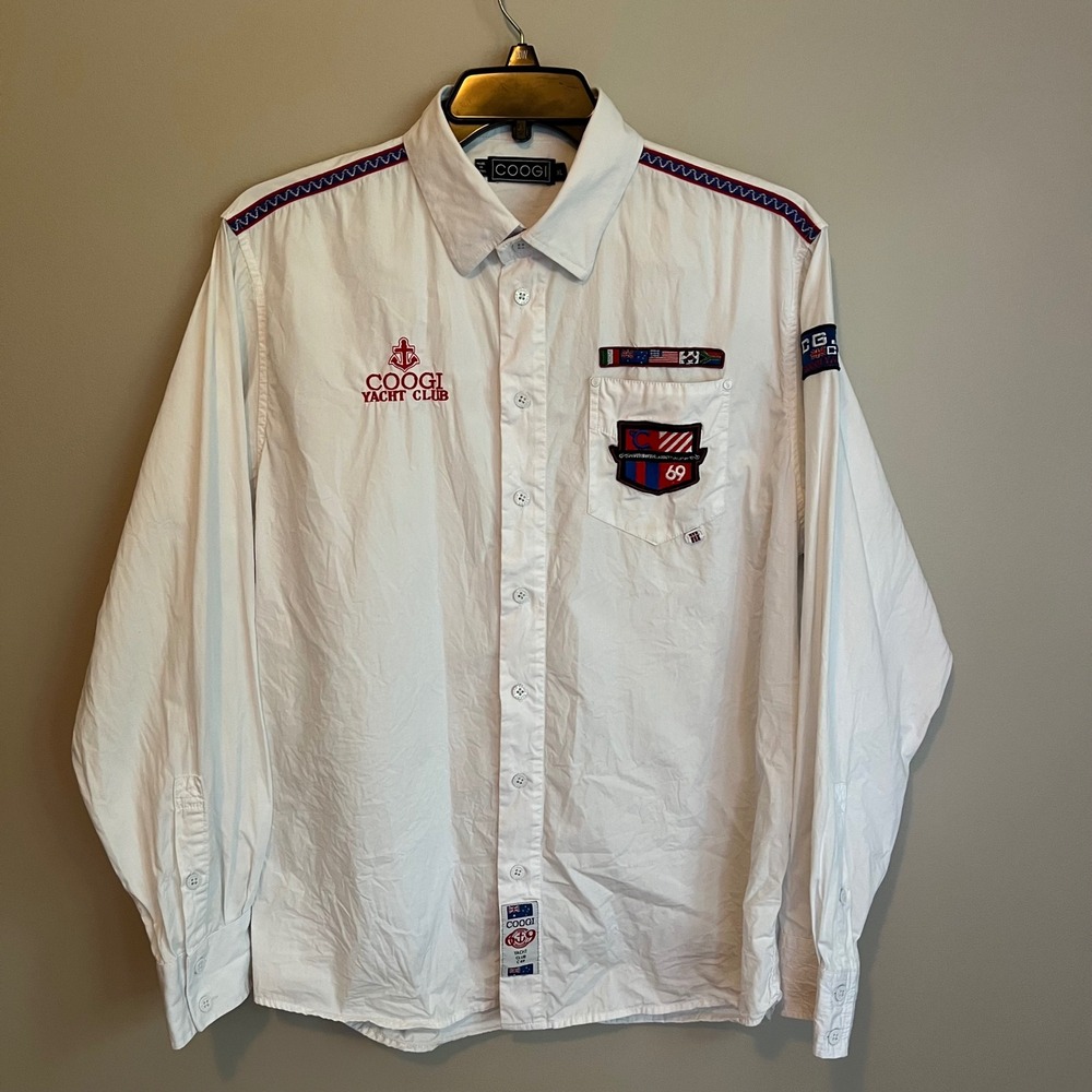 COOGI Australia Yacht Club XL White Button Down Shirt Patches Nautical Fisherman
